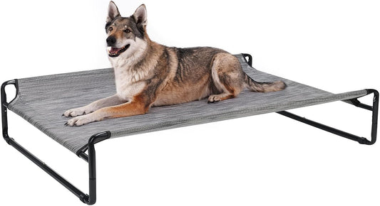 Veehoo Original Outdoor Elevated Dog Bed, Cooling Raised Dog Cot for Large Dogs, Portable Standing Pet Hammock Platform with Washable Breathable Mesh, No-Slip Feet, 47" x 32", Black Silver