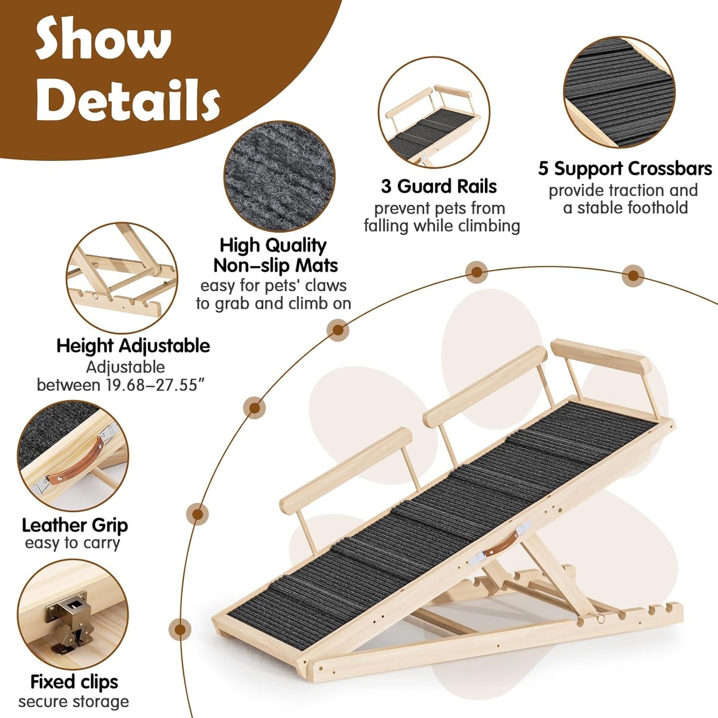 Dog Ramp for Couch, Bed or Car, Wooden 55" Long Pet Stairs for Small & Large Old Dogs & Cats, Hold up to 250lb, 6 Adjustable Height from 19.68" to 27.55" Portable Doggie Steps, Excellent Traction