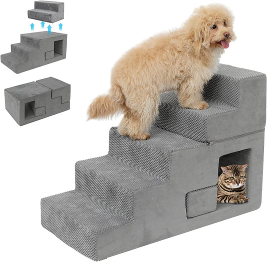 Dog Stairs for Small Dogs 23” H, 5-Step Dog Steps for High Bed, High-Density Foam Pet Stairs with Non-Slip Removable Washable Cover to Get on Bed