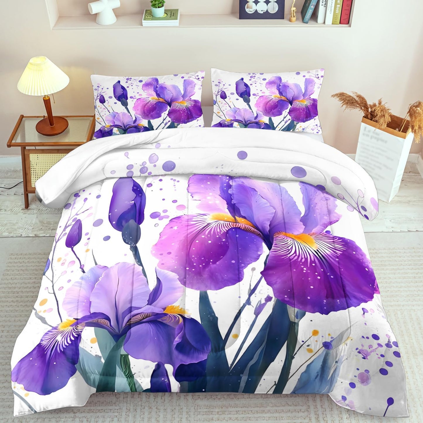 Purple Floral Comforter Set Queen Size Woman,Purple Iris Comforter for Girls,Pink Flower Bedding Set Queen Bedroom Decor,Floral Bedding Quilt Bed Decor Pink for Kids and Adults
