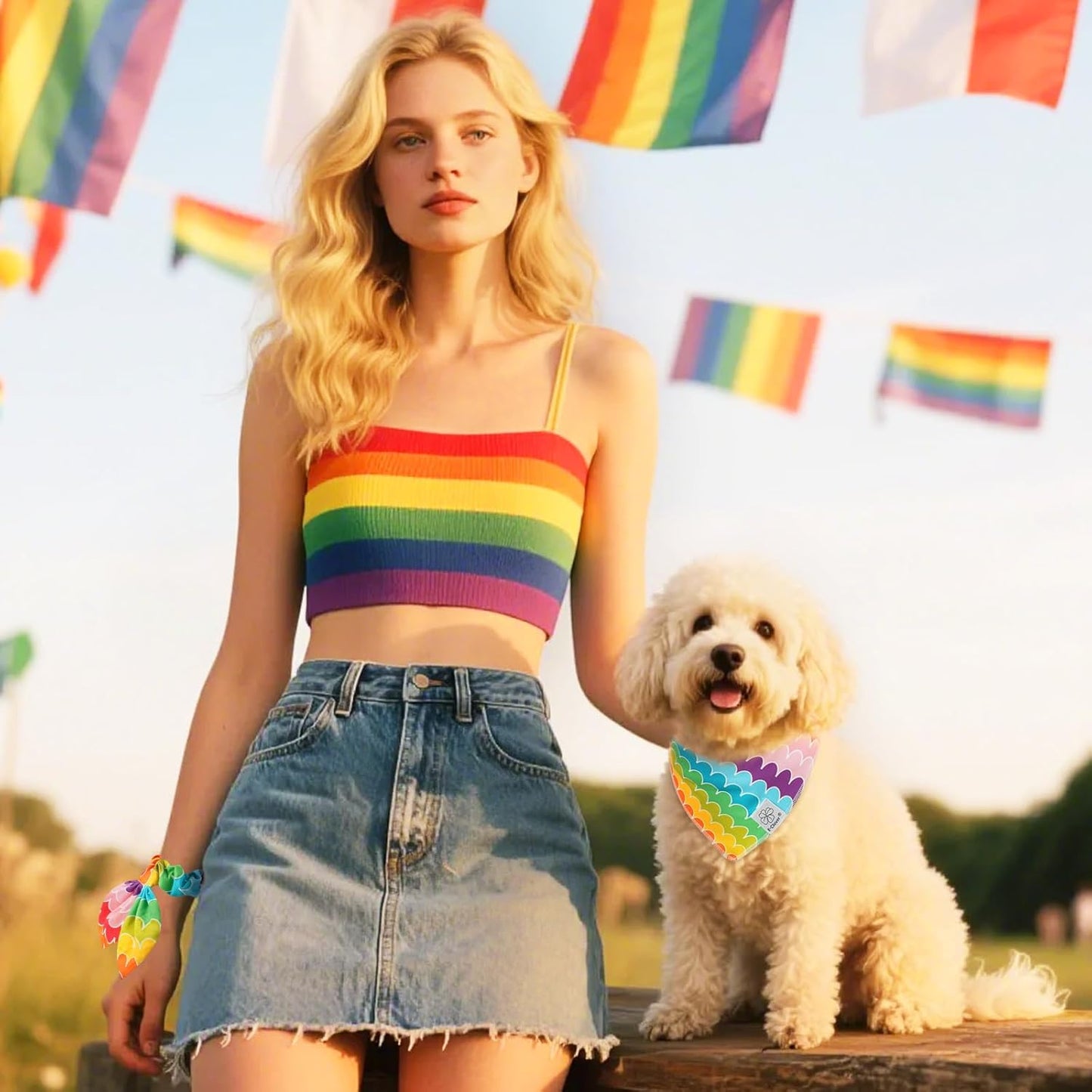 E-Clover Rainbow Dog Bandanas & Matching Scrunchie Set Girl Cute Pride Dog Scarf Bibs Pet Bandana with Bow Tie for Small Dogs Puppy Owner Mom Summer