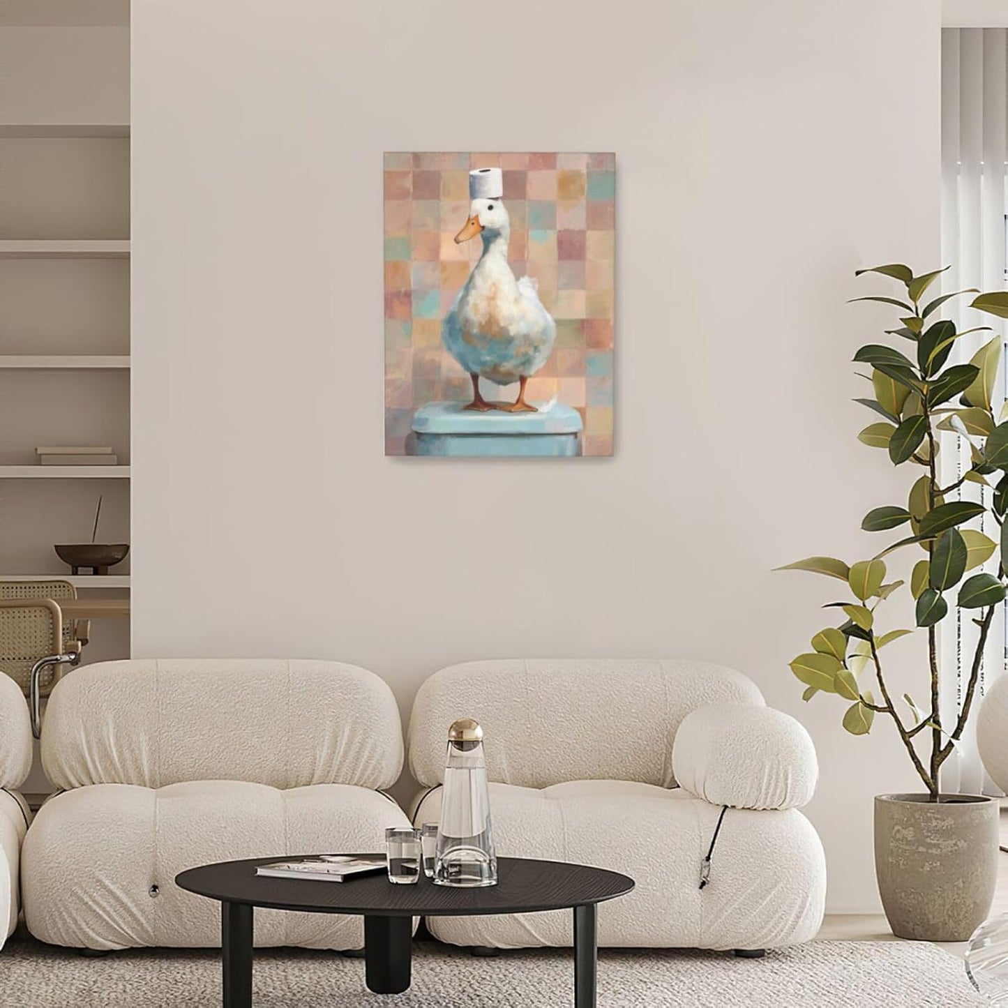 Funny Duck Bathroom Wall Art Cute Duck on Toilet Canvas Wall Decor Funny Quirky Farm Animal Pictures Painting Print Framed Artwork Decorations Gifts for Bathroom 12"x16"