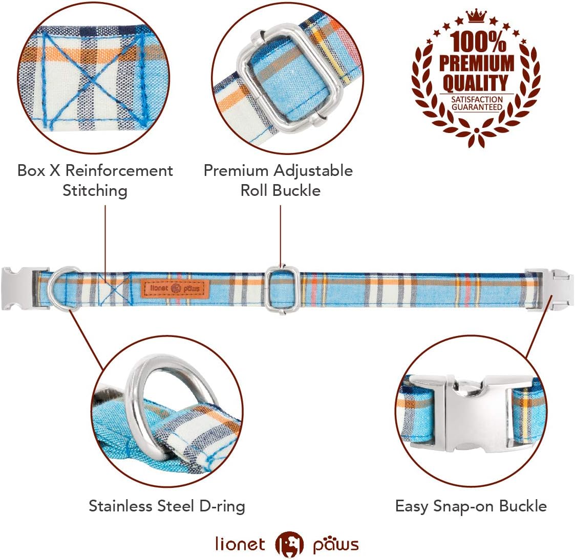 Lionet Paws Boy Dog Collar with Bowtie, Comfortable Adjustable Cute Blue Plaid Bow Tie Collar for Male Dogs Gift, Large, Neck 16-24 inches