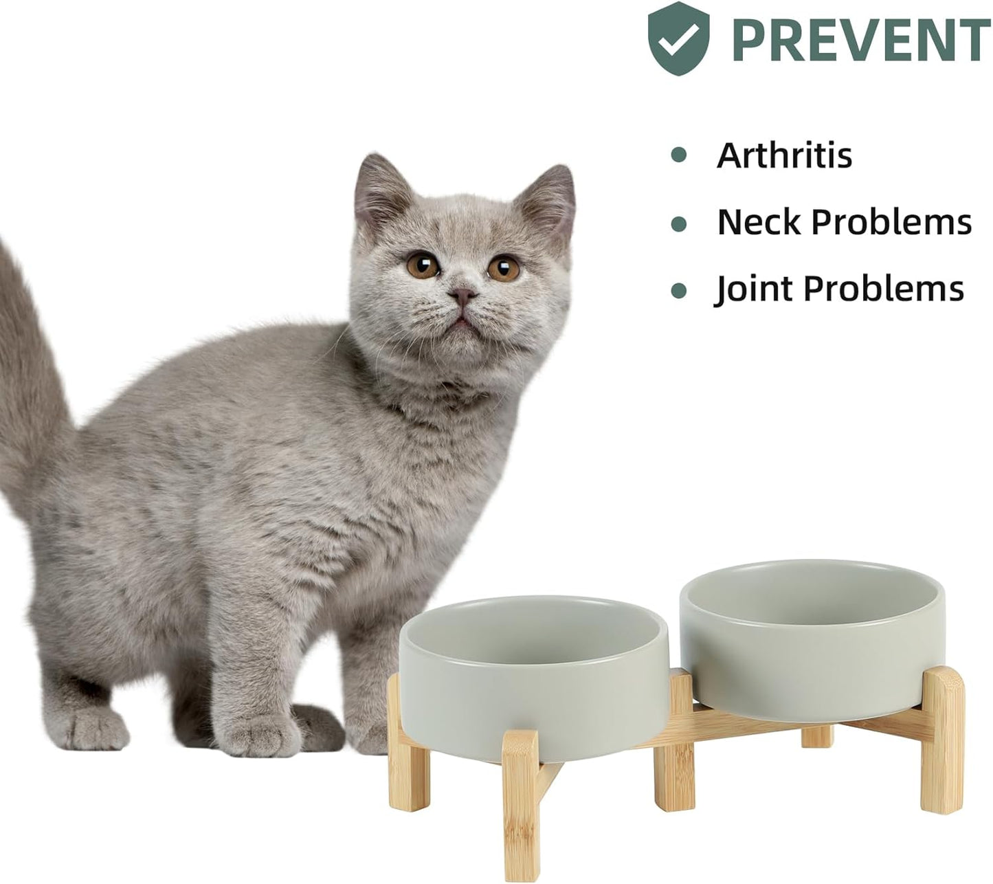 Ceramic Raised Double Bowls Set with Stand, 2 Heights Elevated, Food & Water Bowls for Small Breed Dogs, Cats, Kitty, Weighted Dog Dishes, Pet Bowls(5.1'',13.5oz, Grey)