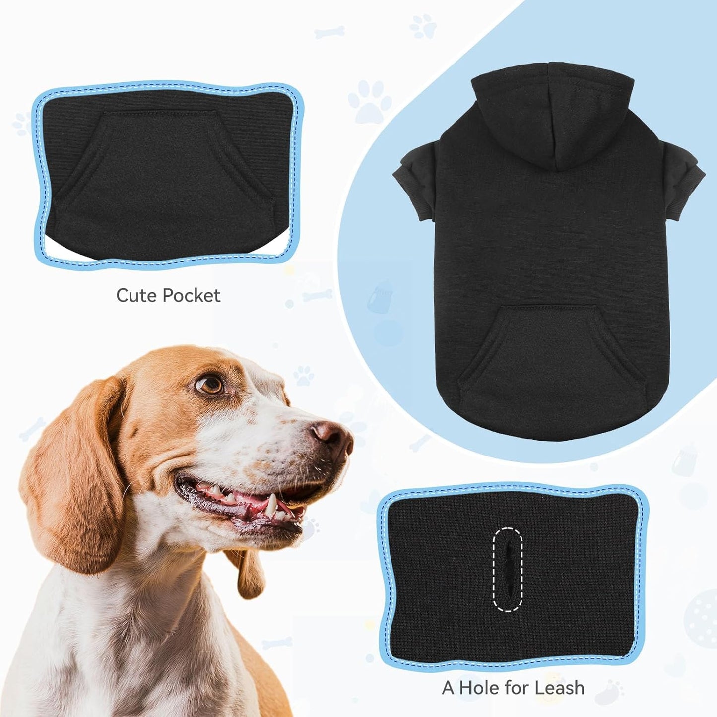 Dog Hoodie Sweater - Soft Solid Brushed Fleece Dog Clothes with Pocket (Black-Large)