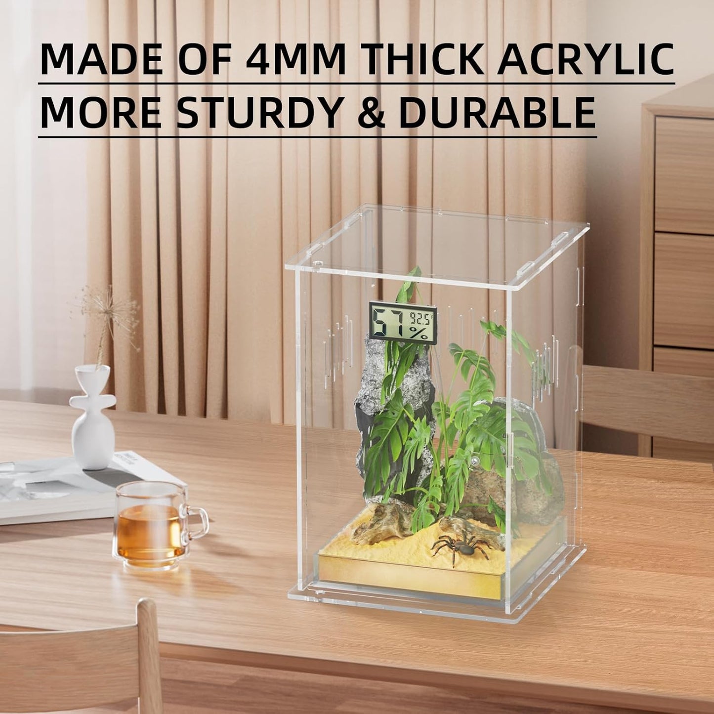 Reptile Terrariums, with Temperature Hygrometer, 7.1"x7.1"x11.8" Acrylic Reptiles Breeding Box Terrarium Cage Tank for Small Reptile Insect Home Office (Arboreal Large)