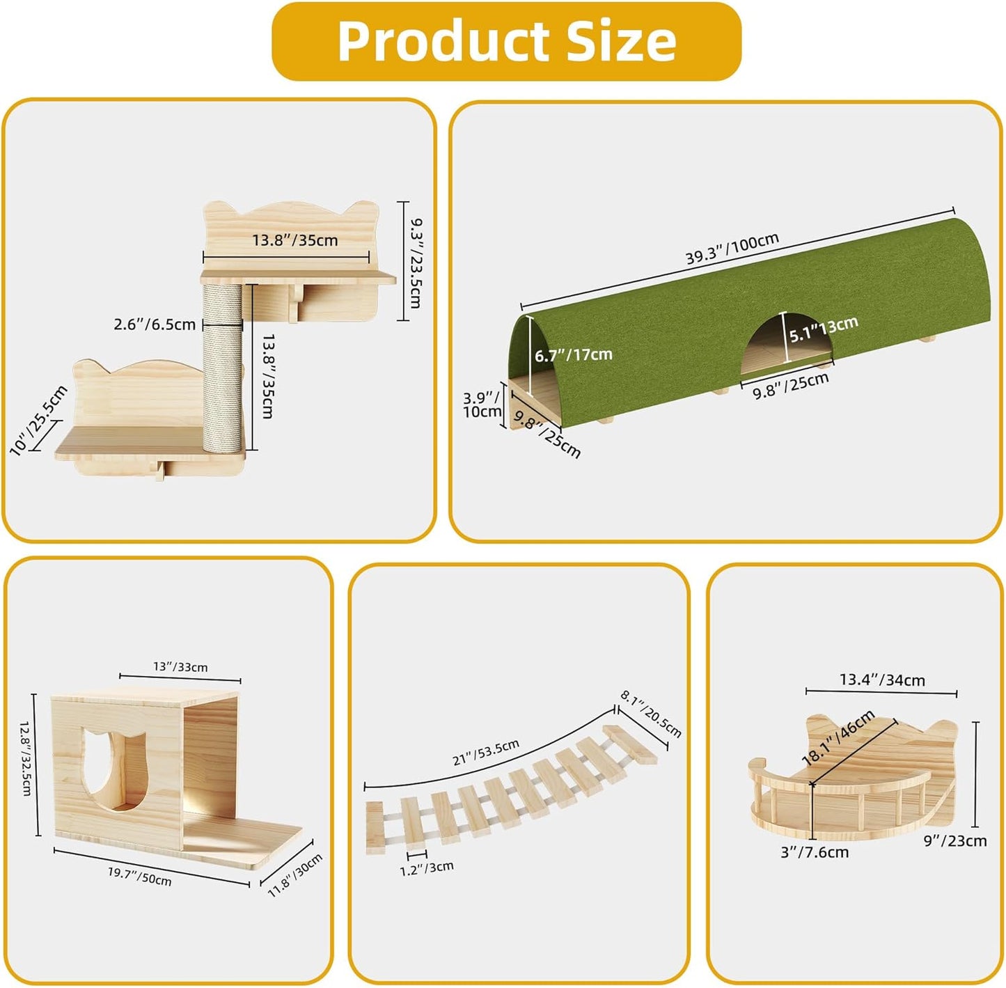 Cat Wall Shelves, Cat Wall Furniture Pine Wooden Feline Shelf, 16 Piece Feline Shelves and Perches with Condos, House, Steps, Bridge Ladder, Scratching Post and Tunnel