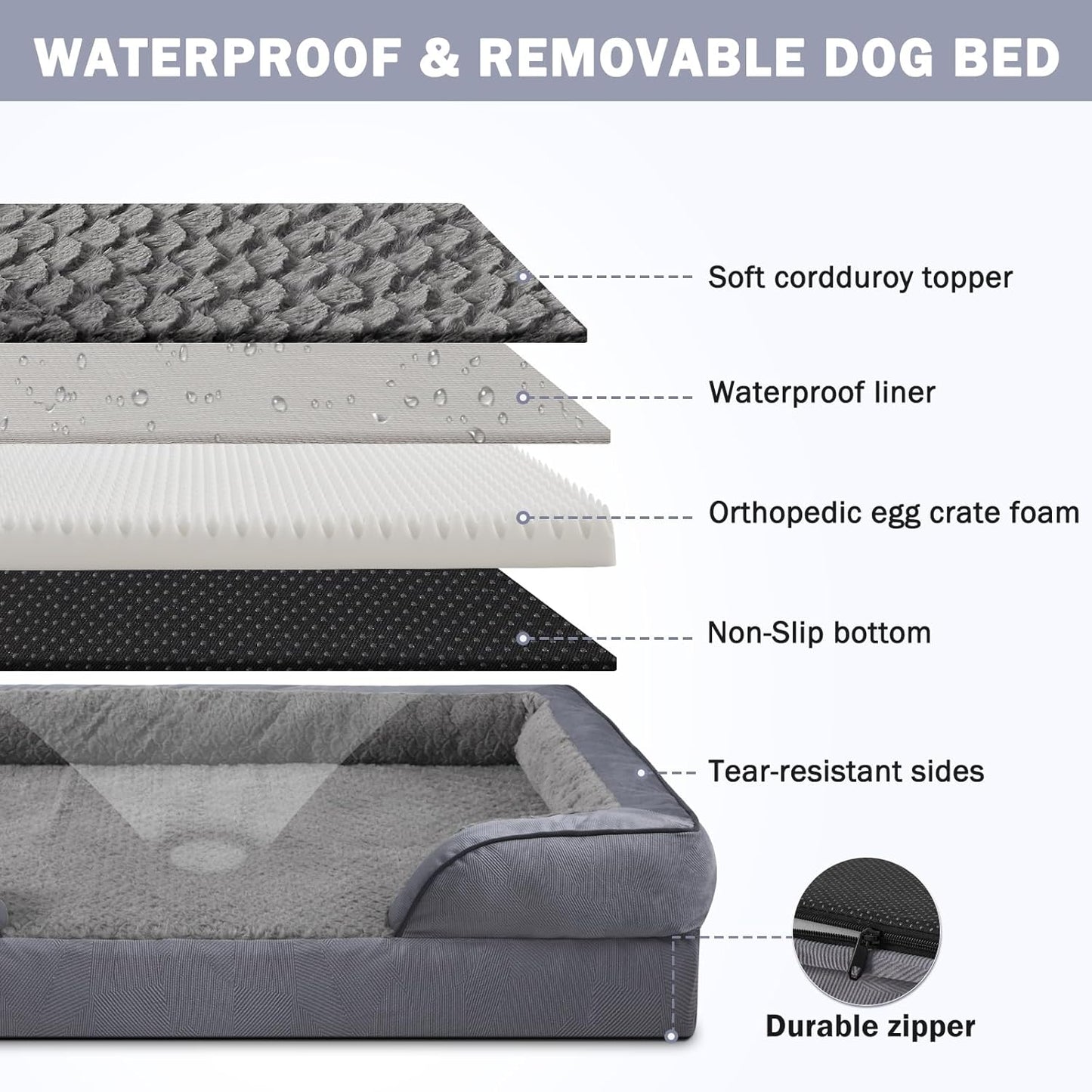 INVENHO Orthopedic Dog Beds Large Sized, XL Washable Dog Sofa with Egg-Crate Foam, Waterproof Lining and Non-Skid Bottom