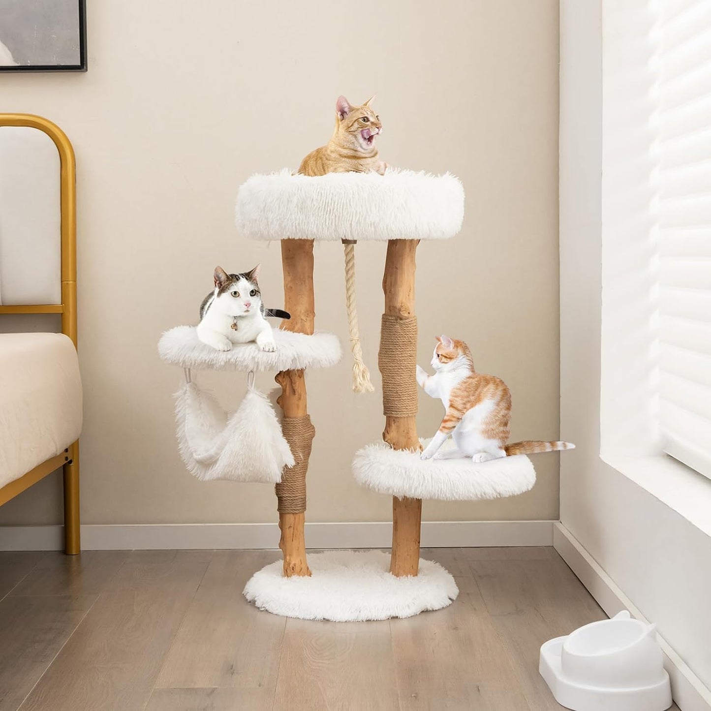 Tangkula Cat Tree Tower, Solid Wood Modern Cat Tower with Cozy Top Perch, 2 Platforms & 1 Hammock, Natural Branch Cute Cat Tree with Scratching Posts & Sisal Rope for Indoor Cats