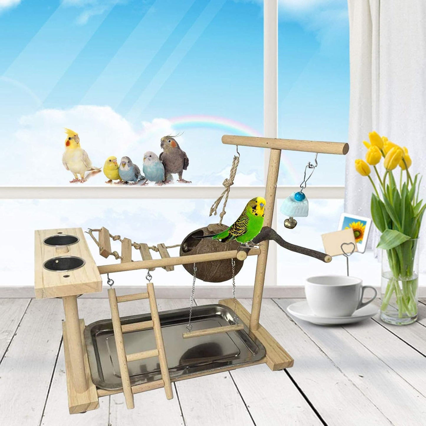 Parakeet Playground Bird Play Stand Natural Wood Perch Gym Parrots Nest Climb Swing Ladders with Feeder Cups Lovebirds Cage Accessories Toy Exercise Activity for Conure Cockatiel Lovebirds
