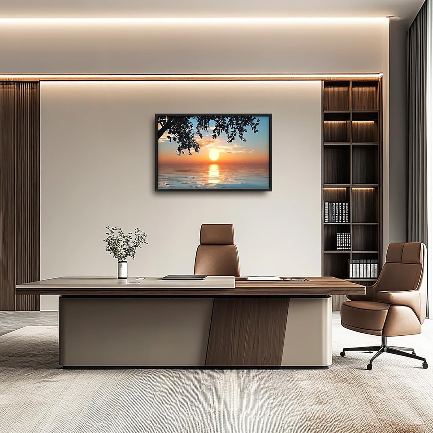 Framed Large Lake Sunset Wall Art, Oversized Natural Landscape Wall Decor for Living Room, Tree Leaves Canvas Painting Pictures Home Decoration for Living Room Bedroom Office 36"x24"