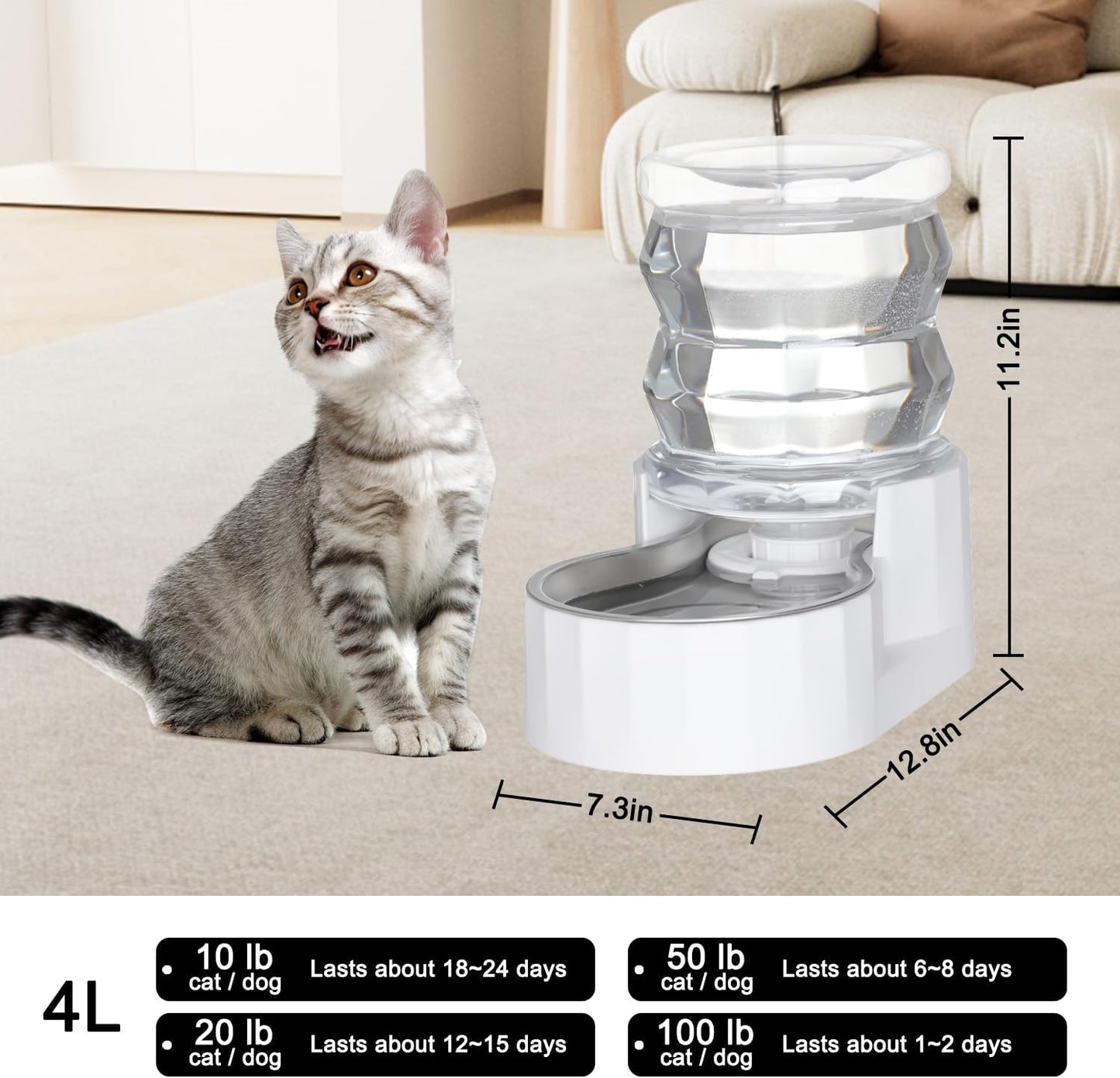 Sfozstra Automatic Gravity Dispenser for Cats: 4L White Stainless Steel Water Bowl Feeder - Great for Family Homes and Outdoor Activities