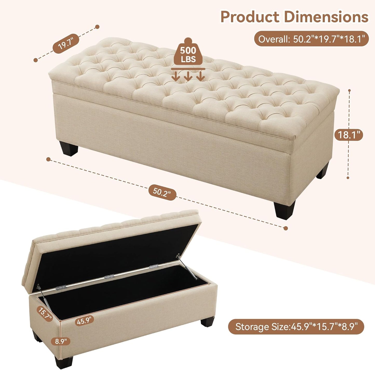 51" Fabric Storage Ottoman Bench, Upholstered Rectangle End of Bed Storage Ottoman Tufted Living Room Bedroom Bench with Safety Hinge, Solid Wood Legs, Loads 500 lb(Khaki)