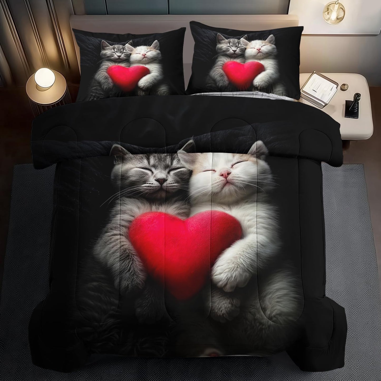 Cute Cat Comforter Set Full,Kawaii Cat Bedding Set for Girls,Cute Animal Comforter Red Love Heart Bedding Decor,Kawaii Farm Animal Quilt Patterns Kids and Adults