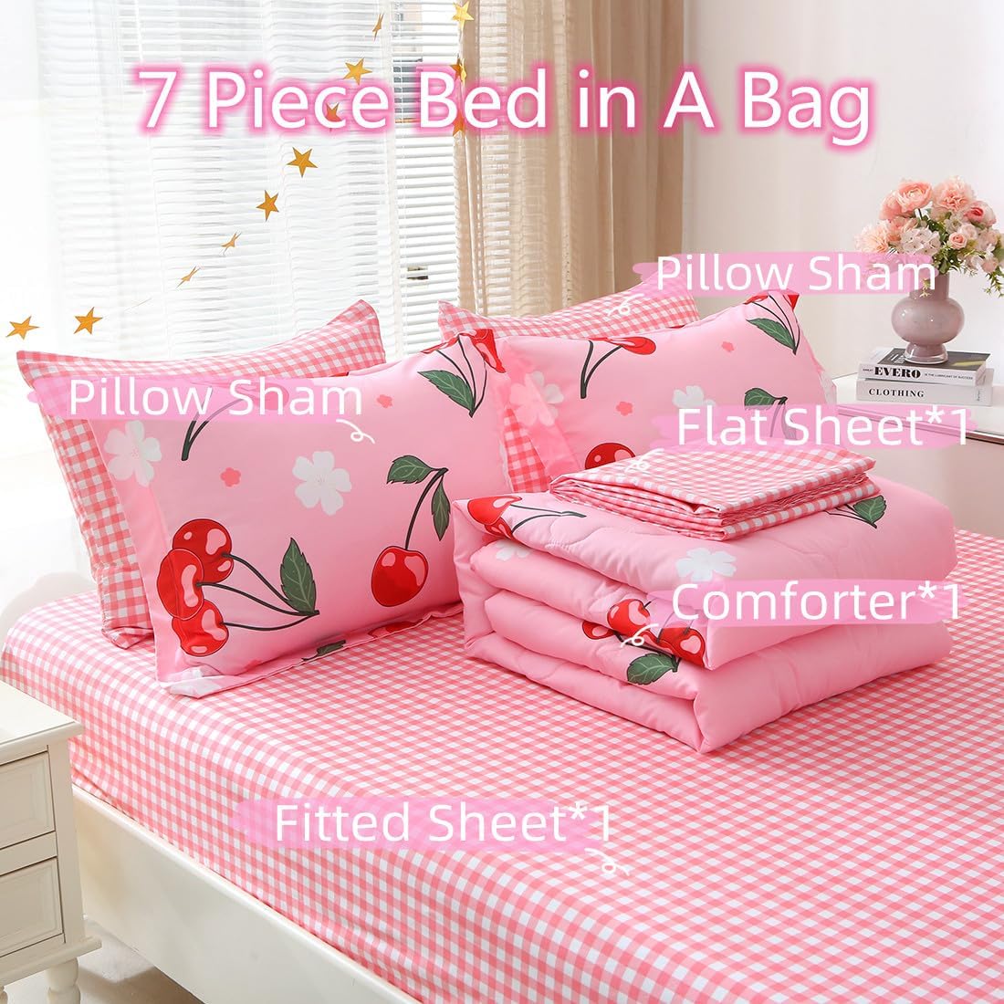 Girls Cherry Comforter Bedding Set Twin Size 7 Piece Pink Kawaii Oriental Cherry Comforter Set Bed in A Bag for Kids Teens All Season (Comforter,Flat Sheet,Fitted Sheet and Pillow Sham)