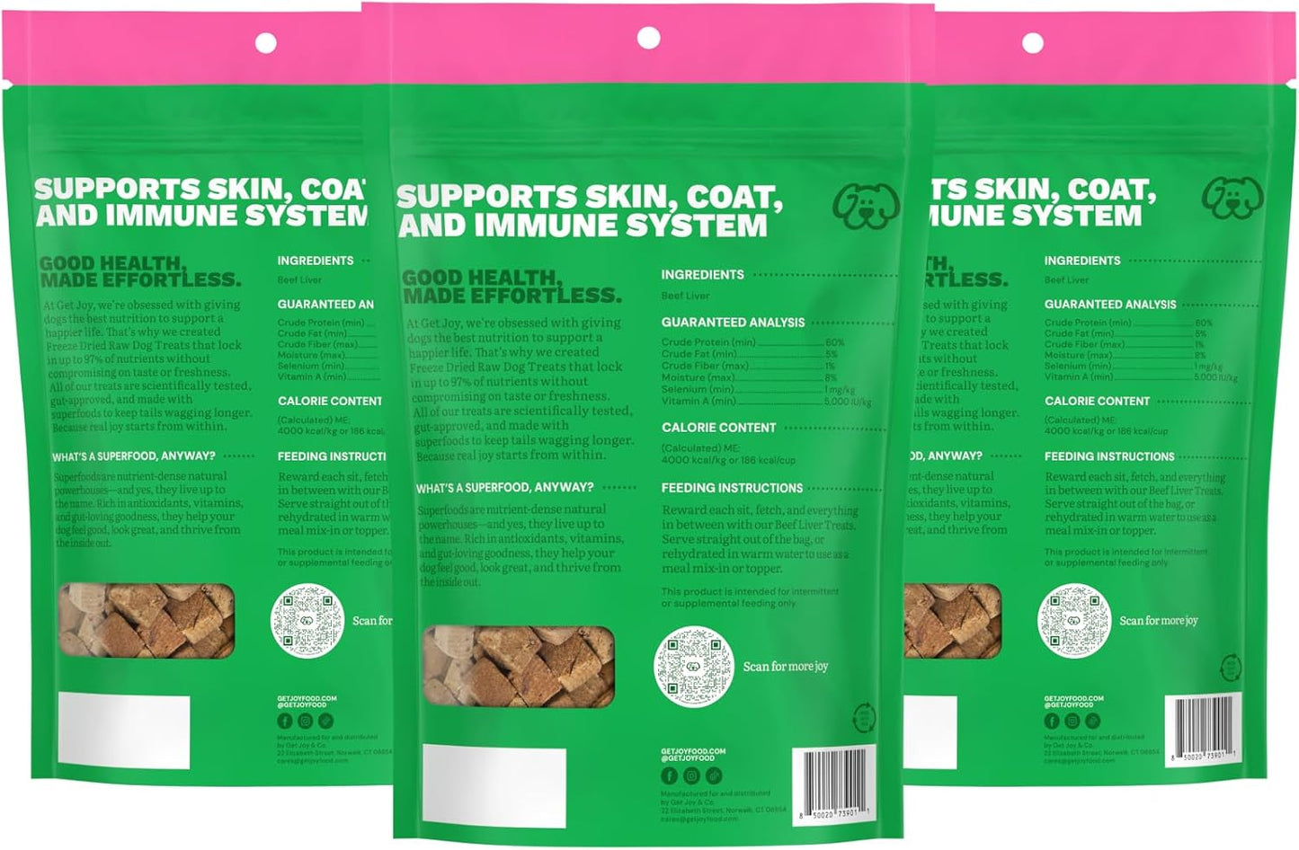 Get Joy Freeze Dried Superfood 100% Beef Liver Dog Treats, 4 Ounce Bag (Pack of 3), Single Ingredient Organ Meat, High Protein, Vision, Skin & Coat Health, Grain Free, Gluten Free, Made in USA
