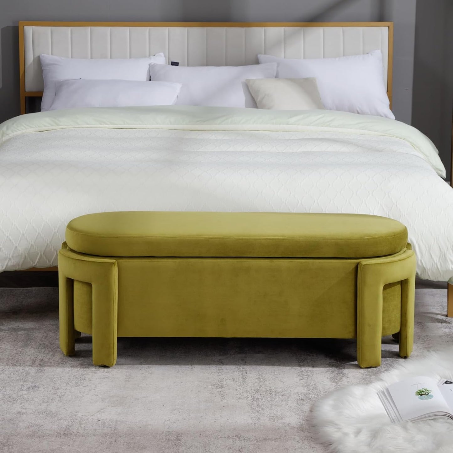 Modern Upholstered Storage Bench, Velvet Fabric 50" Long Entryway Bench with Storage and Seating, Comfy Cute Ottoman Bench for Living Room/End of Bed/Hallway, Olive Green