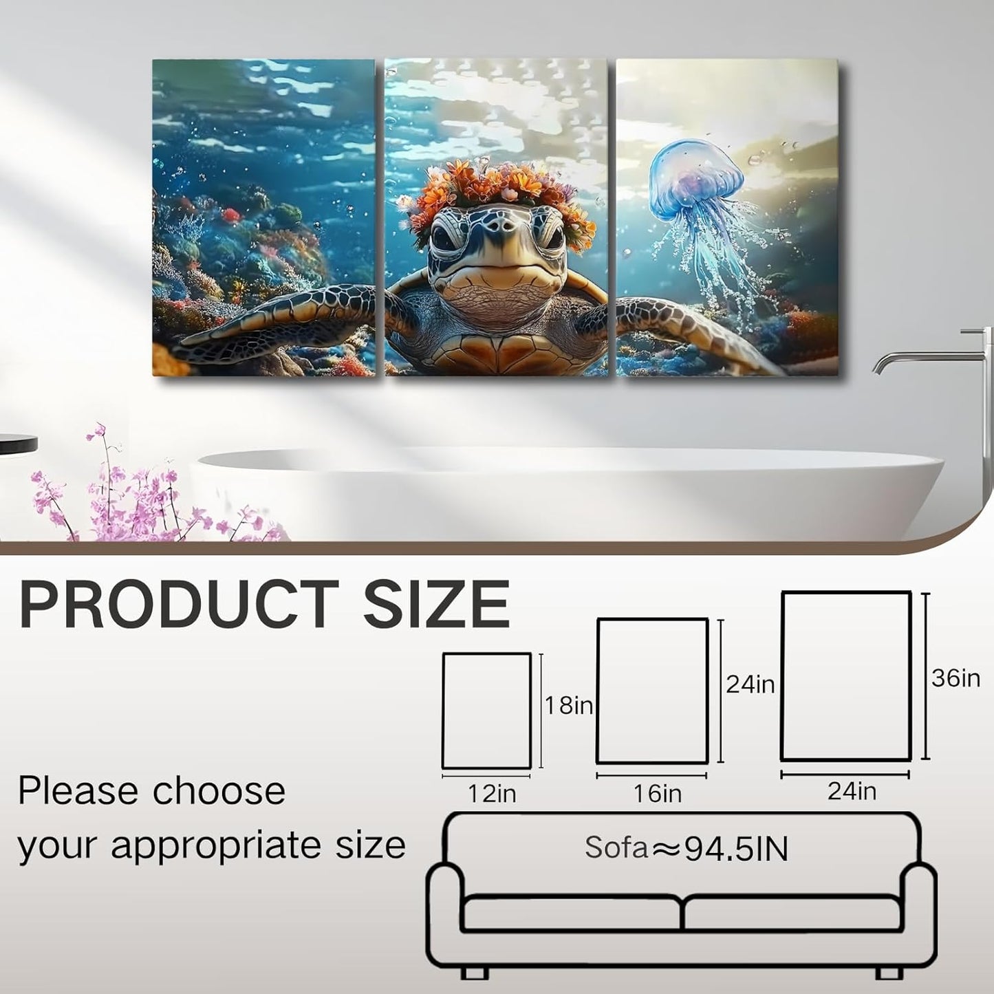 Wivsev Sea Turtle Canvas Wall Art,Under Sea Wall Art,Sea Life Pictures Wall Decor,Ocean Animal Painting for Bathroom,Living Room,Bedroom (16" x 24" x 3 pcs)