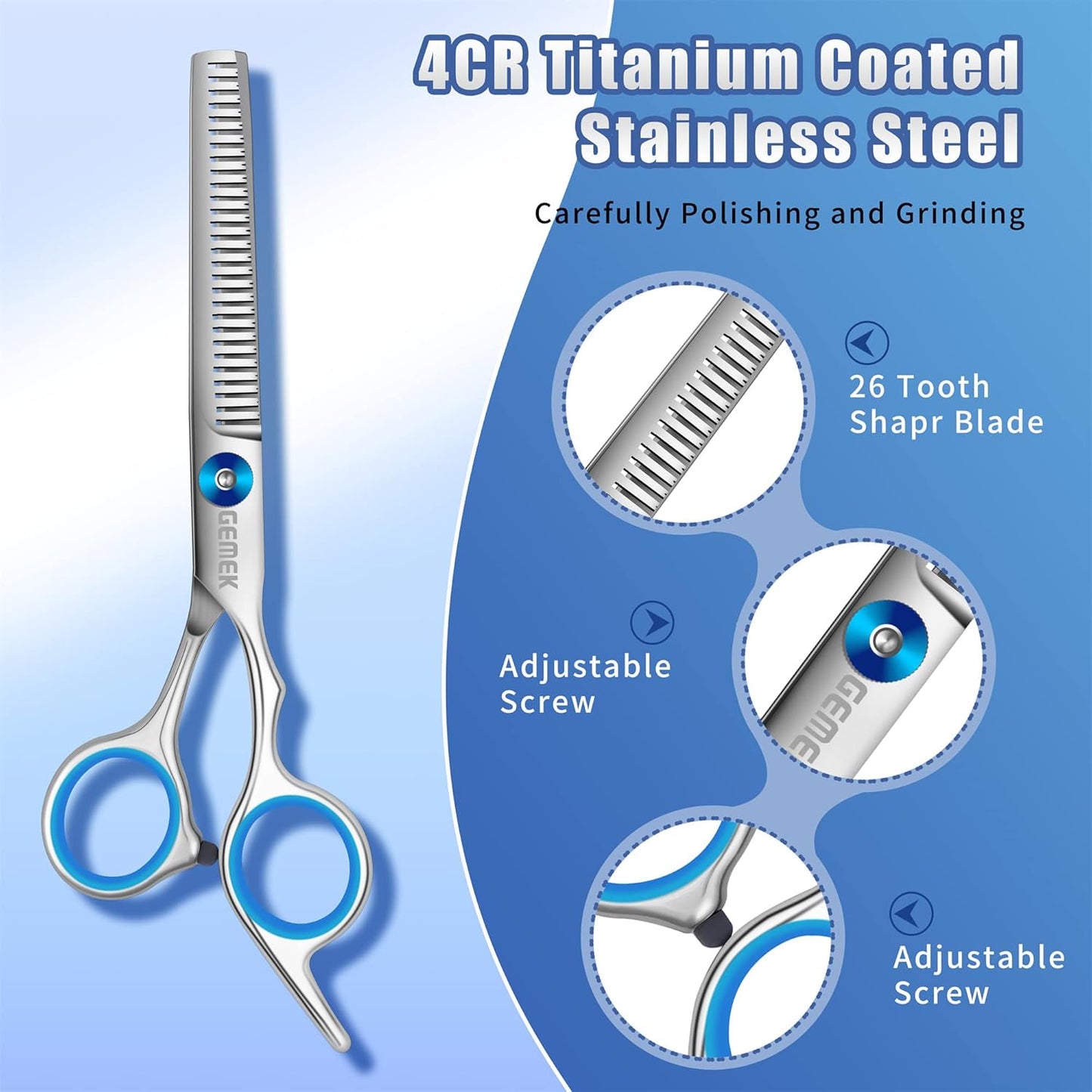 GEMEK Professional 5 in 1 Dog Grooming Scissors Set with Safety Round Tips, Sharp and Heavy-duty Pet Grooming Shears for Cats (Blue)