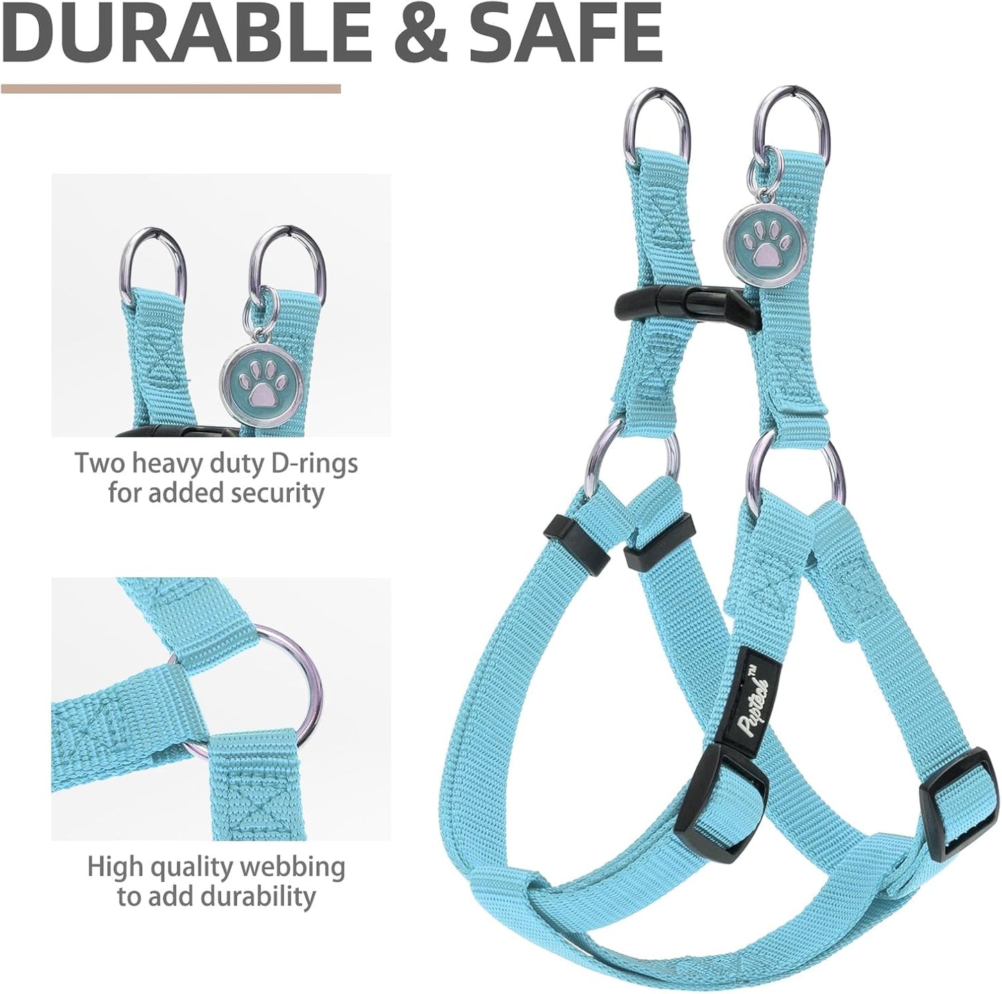 PUPTECK No Pull Dog Harness Soft Adjustable Basic Nylon Step in Puppy Vest Outdoor Walking with ID Tag and A-ir Tag Case, Sky Blue, L
