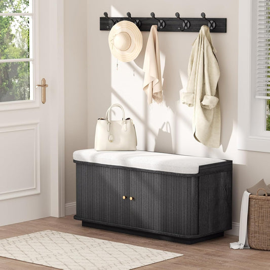 Dark Grey 39.4" W 2-Tier Shoe Bench with Storage | Entryway Bench with Padded Cushion, Sliding Doors & 5 Hooks