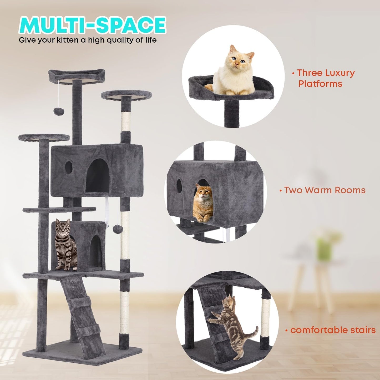 FDW Cat Tree 70in Cat Tower Multi-Level Durable Cat Scratching Post & Cozy Fun Cat Jumping Platform Space Saving Cat Condo Pet Play House for Indoor Cats,Light Gray