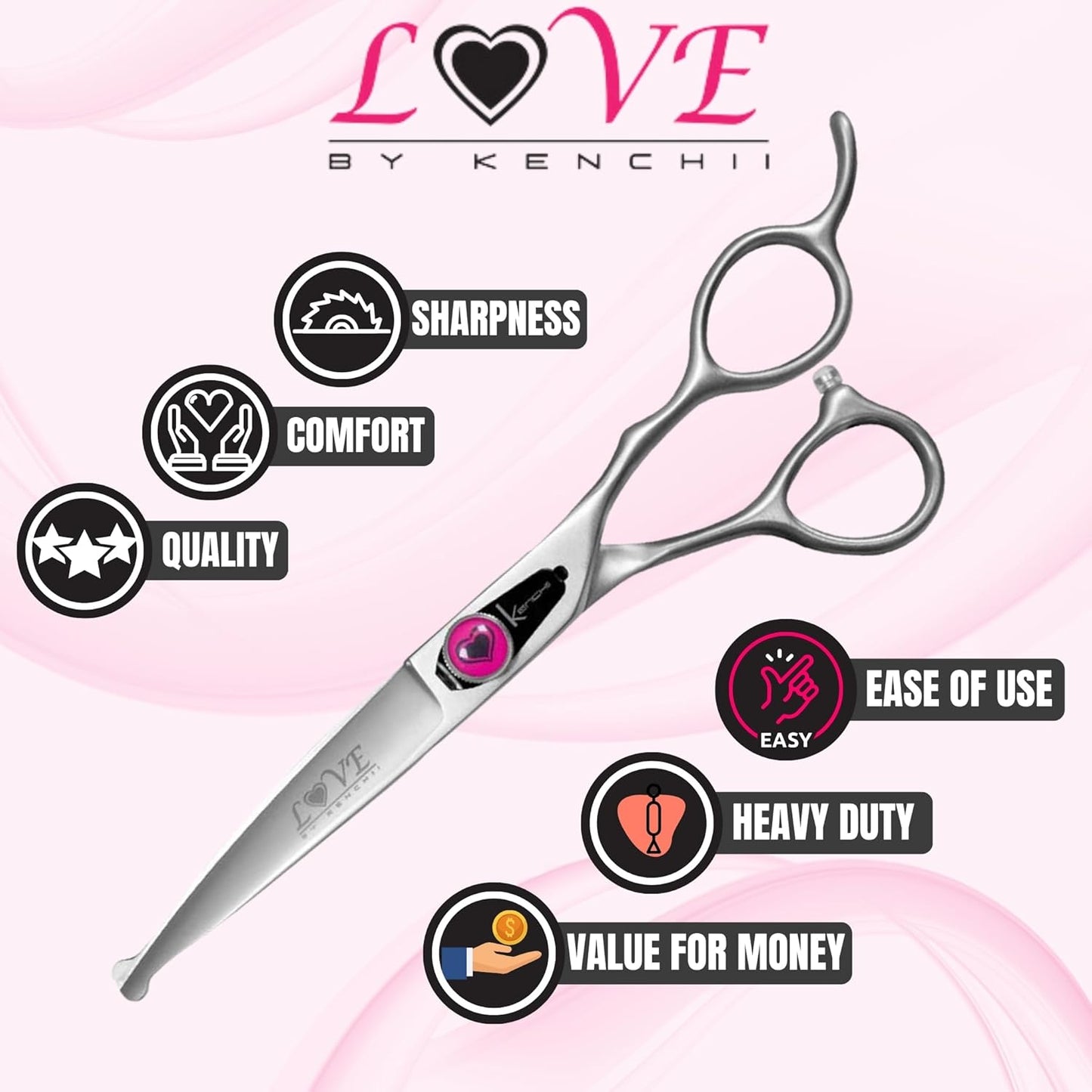 Kenchii Love Dog Grooming Scissors, 6.5 Inch Curved Balltip Shears, Dog Scissors for Grooming, Professional Pet Grooming Scissors, Safety Round Tip Shears