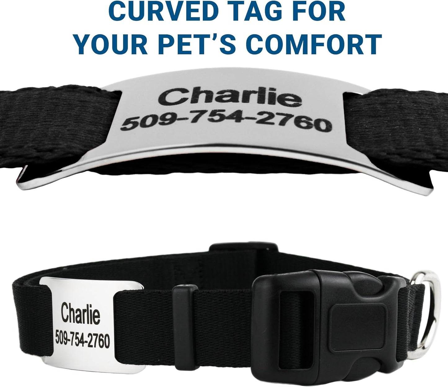 GoTags Personalized Dog Collar with Nameplate, Adjustable Dog Collar with Custom Engraved Slide On Pet ID Tag in Stainless Steel, Silent, No Noise Dog Tag (Light Blue, Small)