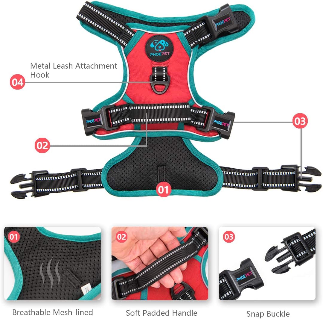 PHOEPET 2019 Upgraded No Pull Dog Harness,3M Reflective Adjustable Vest, with a Training Handle + 2 Metal Leash Hooks+ 3 Snap Buckles +4 Slide Buckles(XS, Red)