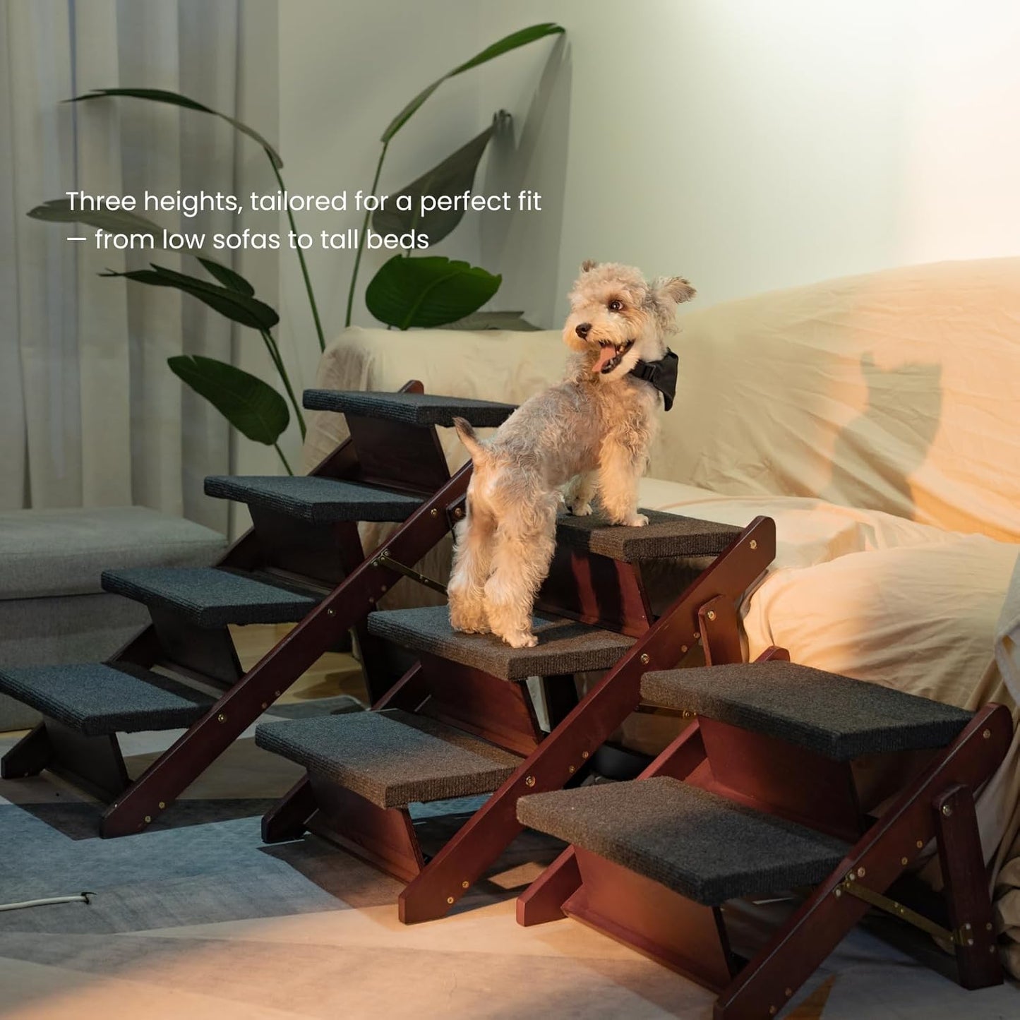 MEWANG Wooden Pet Stairs/Pet Steps - 3-in-1 Foldable Stairs & Ramp for Tall Beds and Cars - Portable Dog/Cat Ladder Up to 220 Pounds - for Small and Older Animals(Brown) (31.5" L x 17.2" W x 25.0" H)