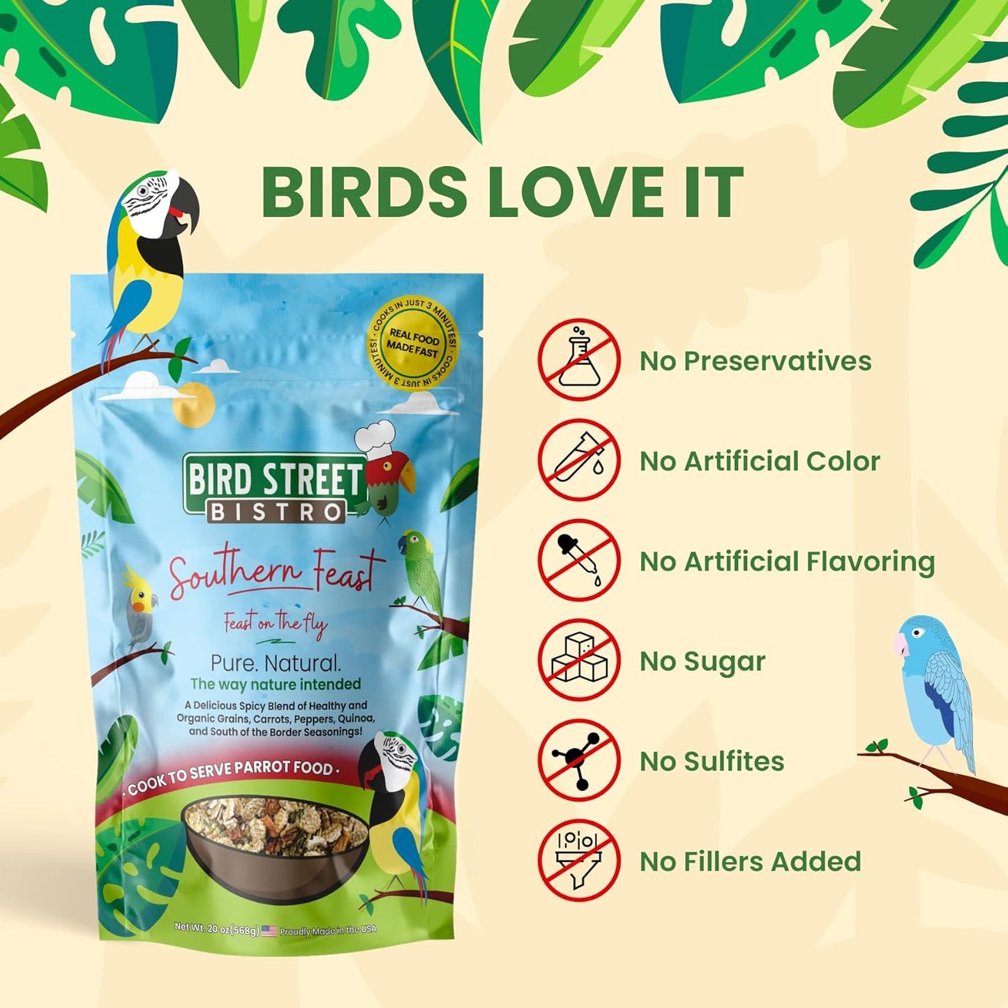 Parrot Food - Parakeet & Cockatiel Food - Cooks in 3-15 min w/Natural & Organic Grains, Legumes, Non-GMO Fruits, Vegetables & Healthy Spices