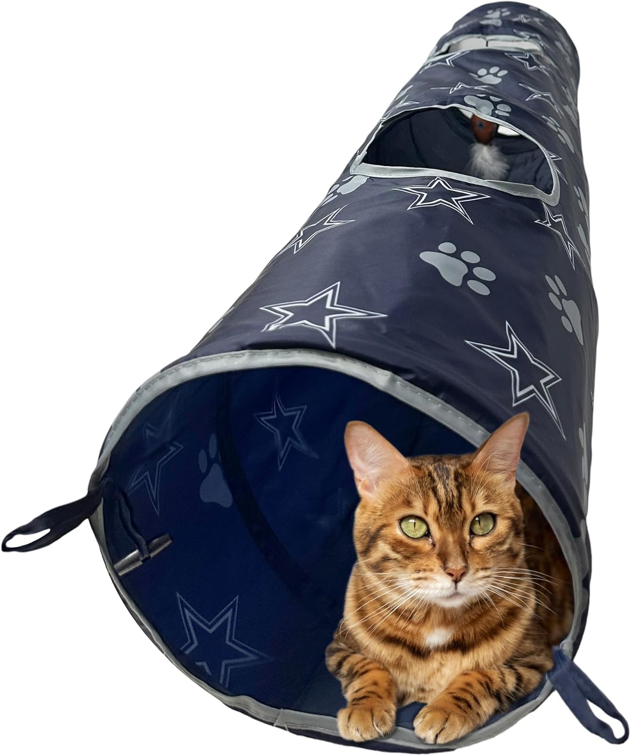 NFL Dallas Cowboys Cat Tunnel Tube Toy with Plush Football Catnip and Feathers Collapsible Tunnel for Cats to Play, Peek and Hide, Sporty & Fun Cat Tunnel Toy with Team Logo All-Over Design!