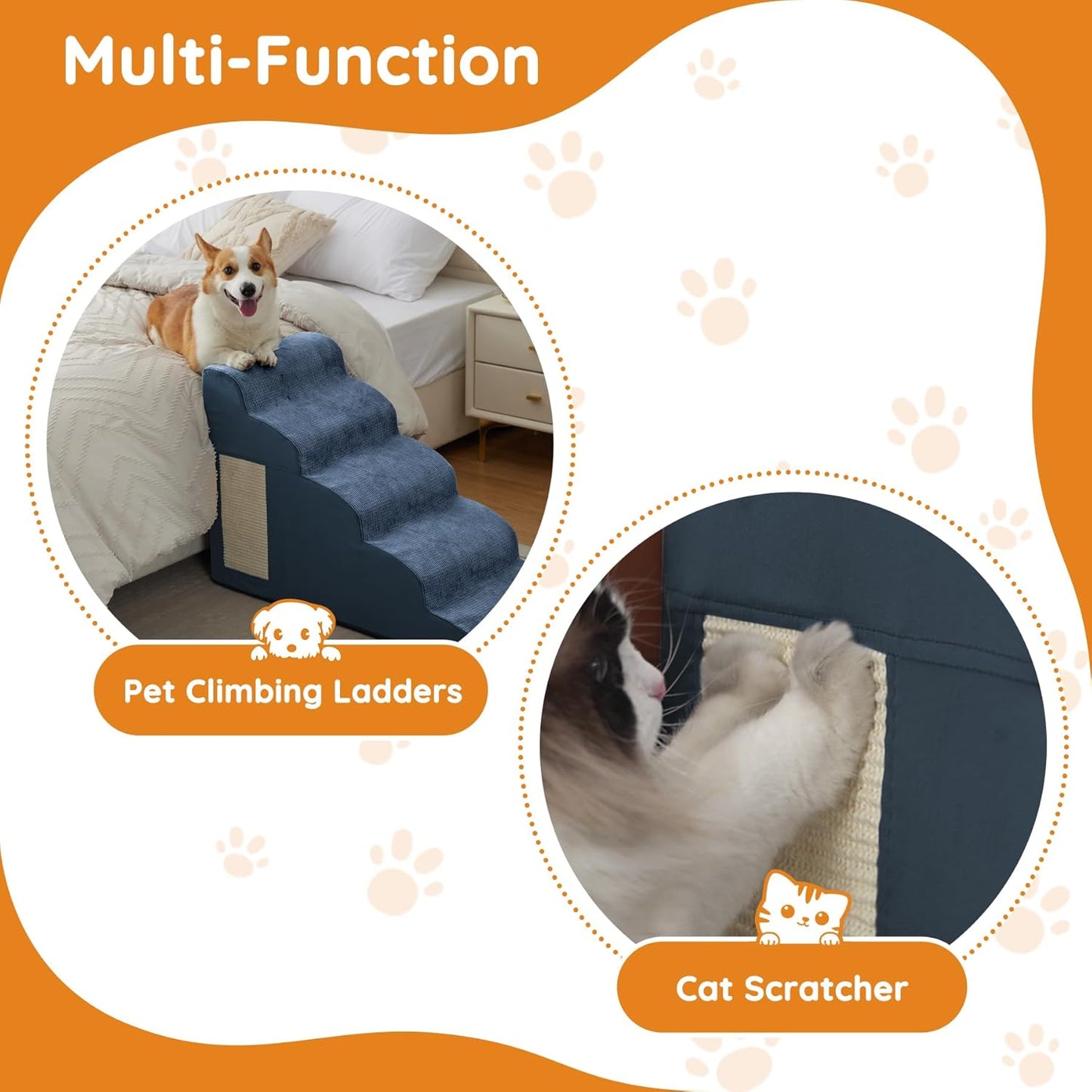 Pet Stairs, Dog Stairs for Small Dogs, Dogs Steps, 5-Step Curved Dog Ramp for Bed, Couch, Sofa, Car and Chairs, Non-Slip Bottom Design, Cat Scratching Board, High Density Foam Portable Pet Step, Navy