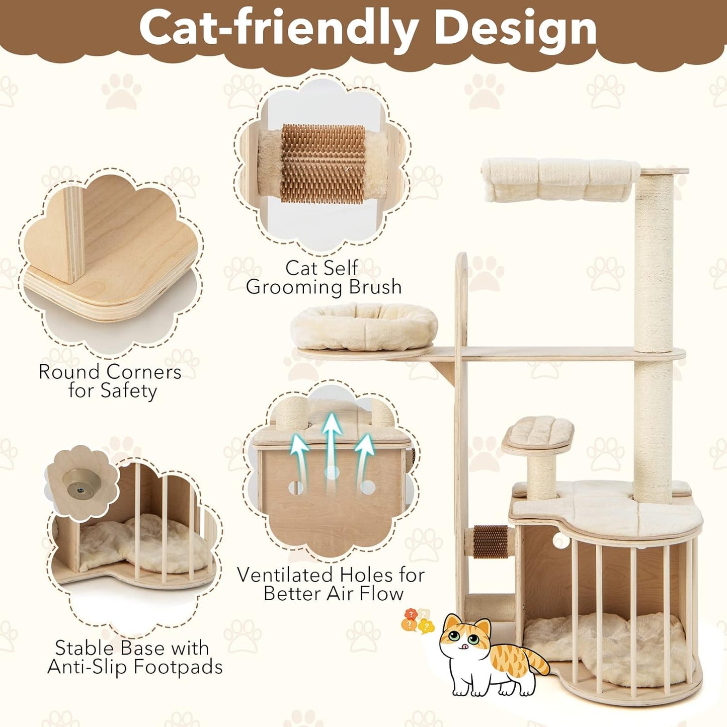 Tangkula Wood Cat Tree for Indoor Cats, 55 Inch Multi-Level Cat Tower Activity Center with Hammock, Cat Condo, Sisal Scratching Posts & Washable Cushions, Modern Cat Tree Houses for Large Cats