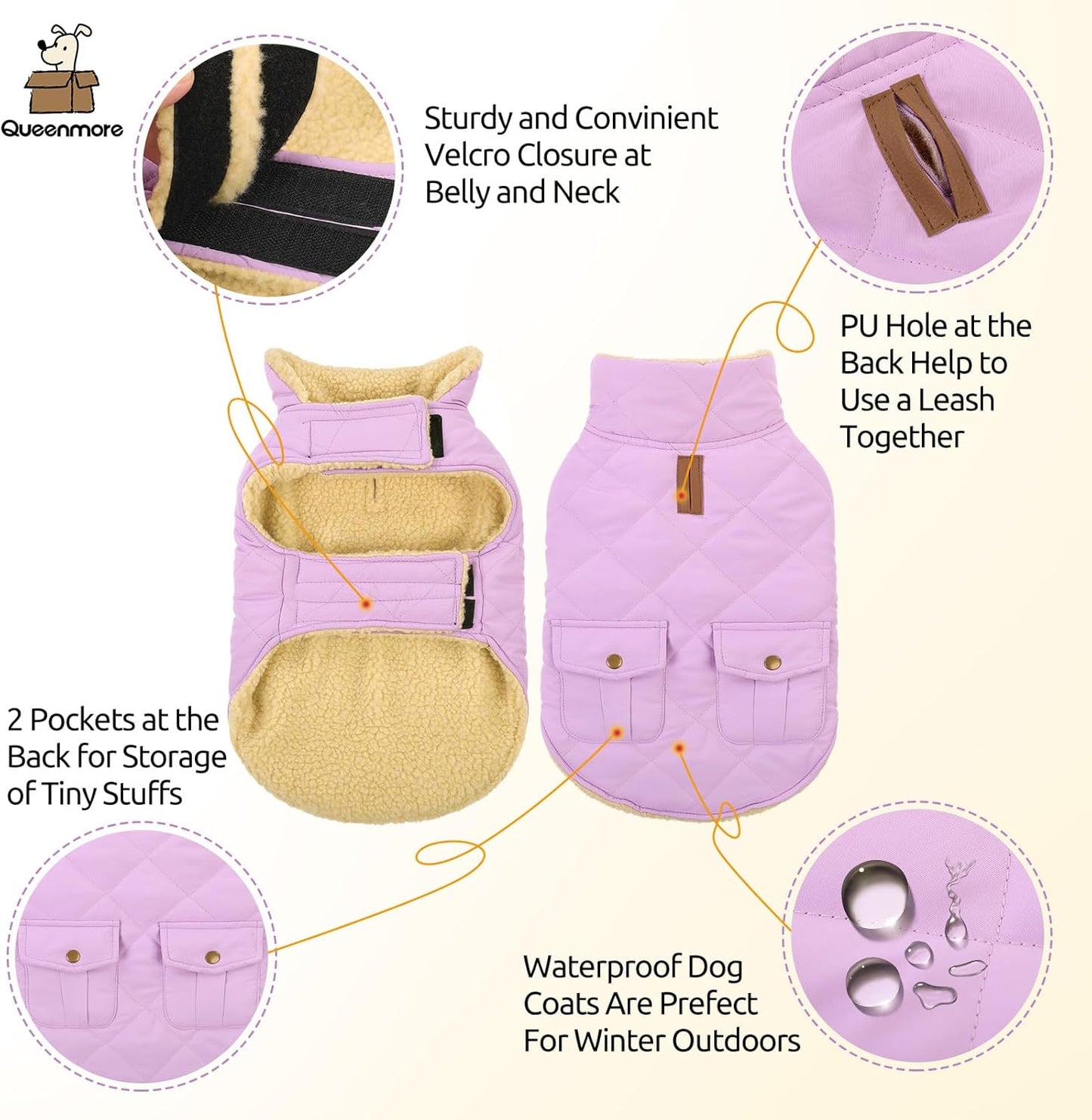 Queenmore Warm Dog Coat, Cold Weather Puffer Dog Coat Vest, Quilting Winter Pet Jacket Ultra Thick Plush Fleece Lining Pet Clothes for Dogs with Storage Pockets (Lilac,Large)