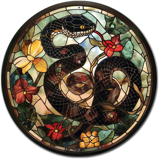 Lygond Metal Sign Tin Sign Circular Stained Glass Snake Gardening Sign for Gift 12×12 Inches