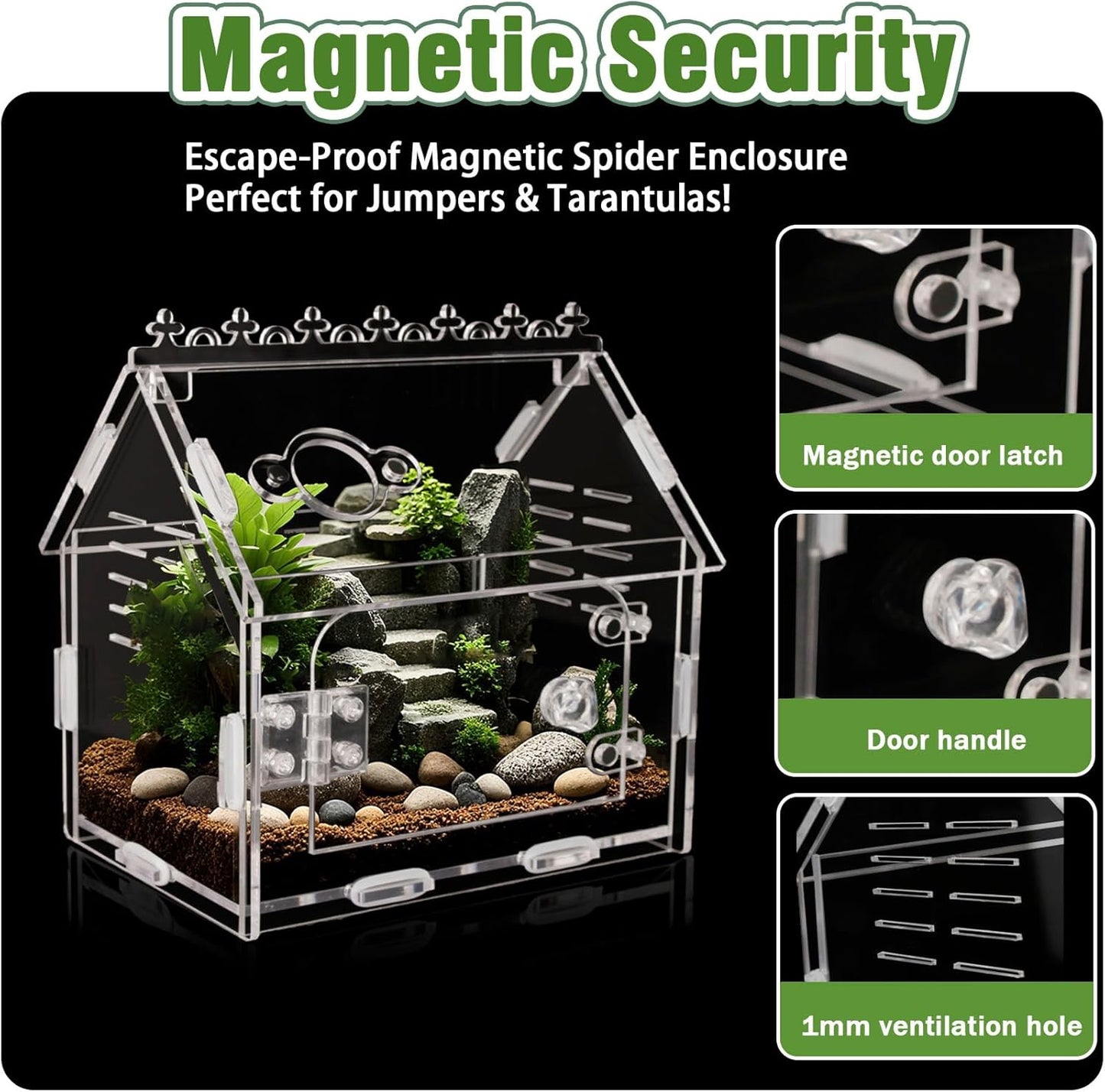 Magnetic Acrylic Terrarium Kit - 5.9"x3.9"x5.1" Jumping Spider Enclosure/Tarantula Cage with Secure Magnetic Latches, Ventilation & Escape-Proof Design - Reptile/Chameleon/Mantis Habitat
