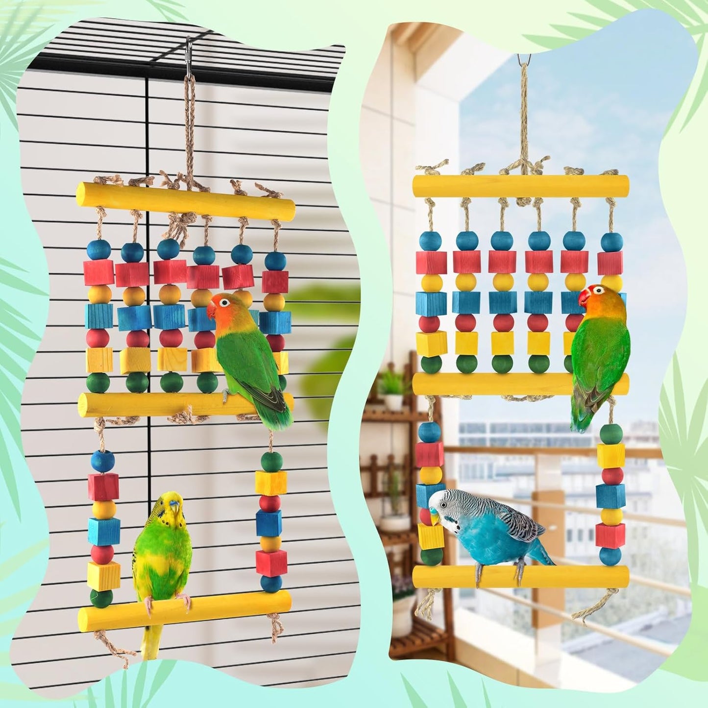 Bird Swing, Parrot Chew Toy with Wooden Perches Stand, Hanging Colorful Wood Block Bird Cage Accessories for Budgerigar, Canaries, Cockatiels, Parakeets, Conures, Finches, Mynah