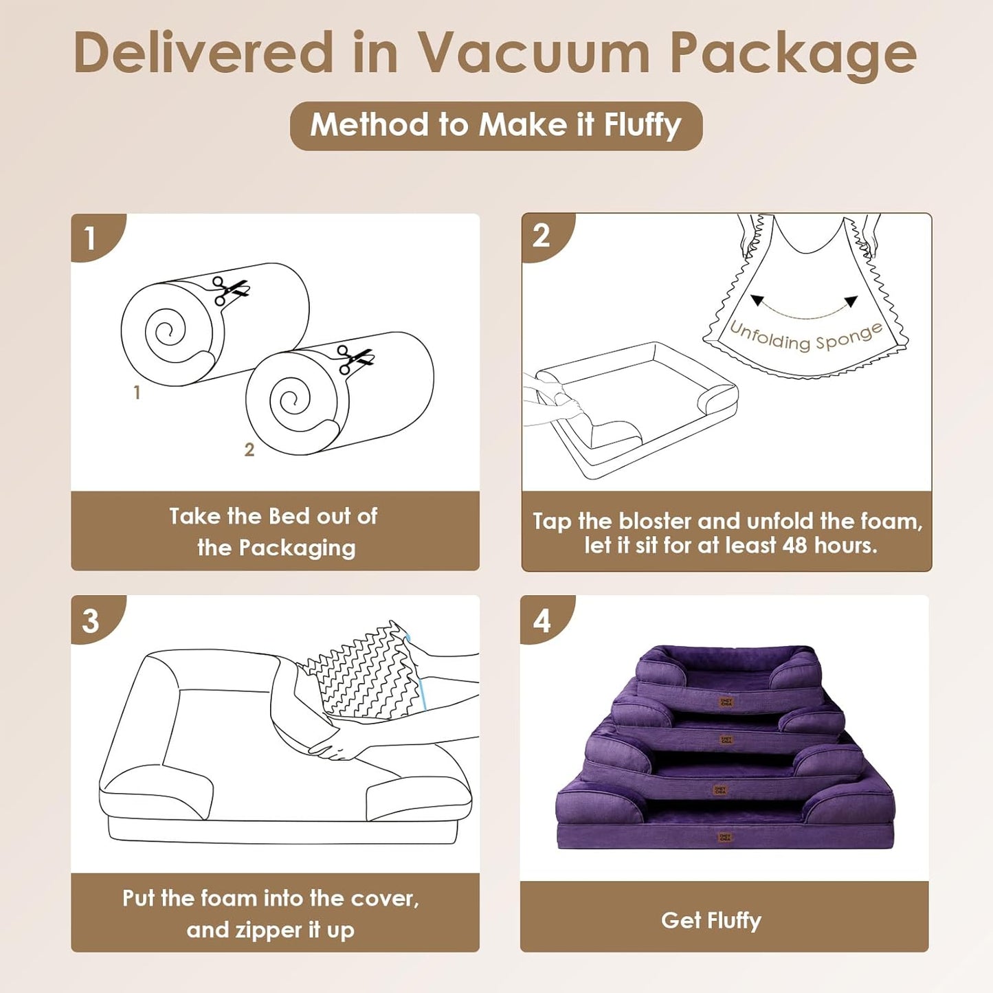 EHEYCIGA Orthopedic Dog Beds for Extra Large Dogs, Waterproof Memory Foam XL Pet Bed with Sides, Non-Slip Bottom and Egg-Crate Foam Big Dog Couch Bed with Washable Removable Cover, Purple