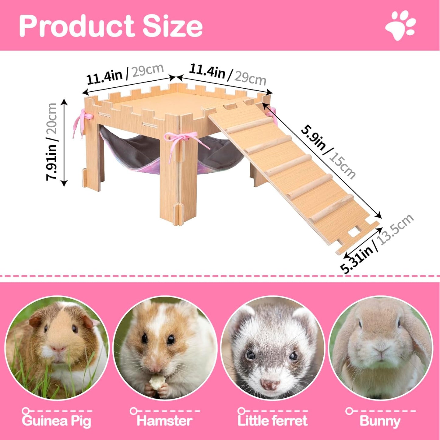 Guinea Pig Hammock with Platform and Ramps,Wooden Small Animal Hideout with Waterproof Coating Mat Hammock,Guinea Pig Cages Accessories Toys Hiding Playing,Easy to Clean(Single)