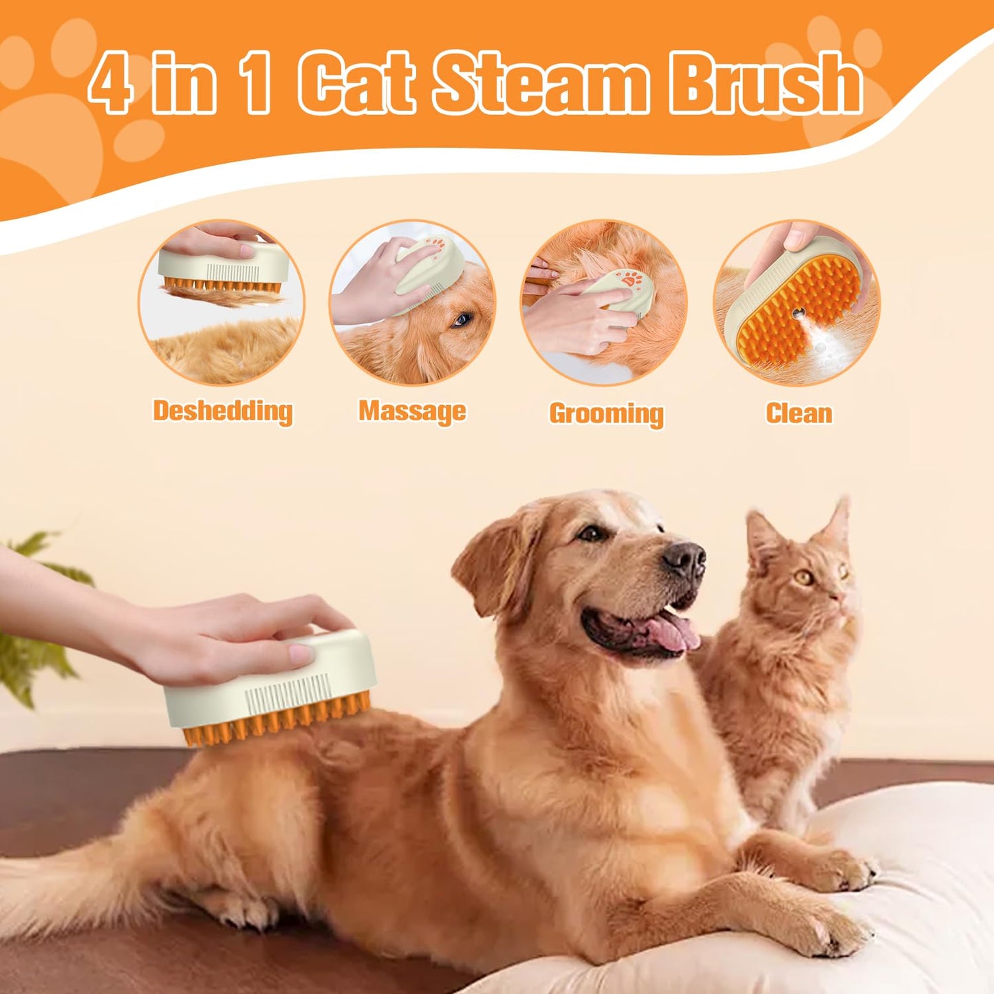 Steam Brush for Cats Dogs,Cat Steam Brushes for indoor Cats,3 in 1 Steam Cat Brush for Shedding,Silicone Pet Spray Hair Removal Comb for Massage,Combing,Rechargeable Dog Brushes for GroomingYellow