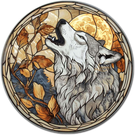 Lygond Metal Sign Tin Sign Circular Stained Glass Gray Wolf Bathroom Signs for Home for Club 12×12 Inches