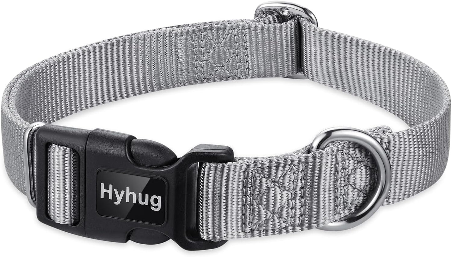 Hyhug Pets Solid Color Classic Regular Heavy Duty Basic Collar for Large Breeds Dogs, Unique Design Adjustment Triglide Slide (Buckle) Can Attached Name Tag Accessories. (Large, Sleet Gray)