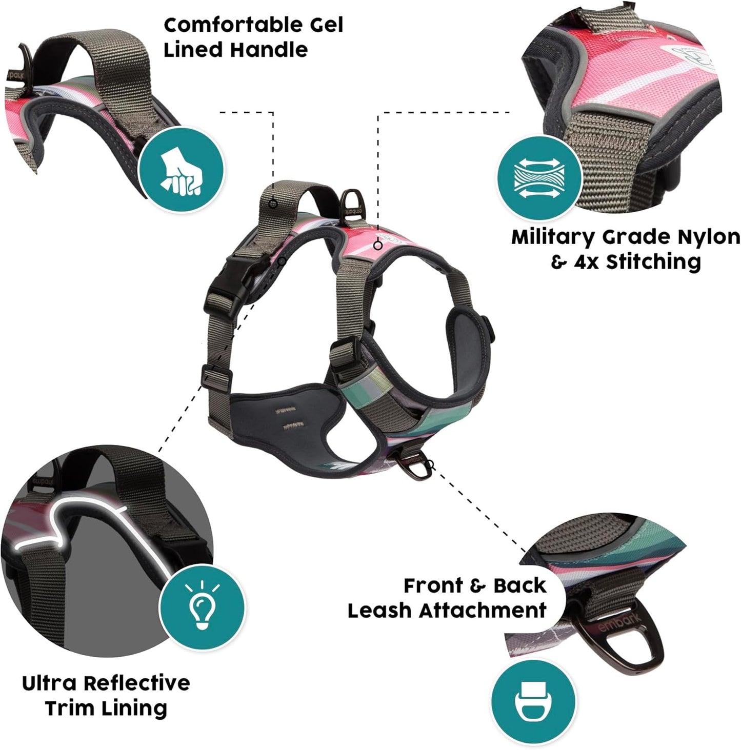 Embark Adventure Dog Harness, No-Pull Reflective Trim Dog Harness for Small, Medium & Large Dogs - Heavy Duty Oxford, 2 Leash Clips & Gel Lined Handle. Soft & Padded Puppy Dog Vest for Any Breed