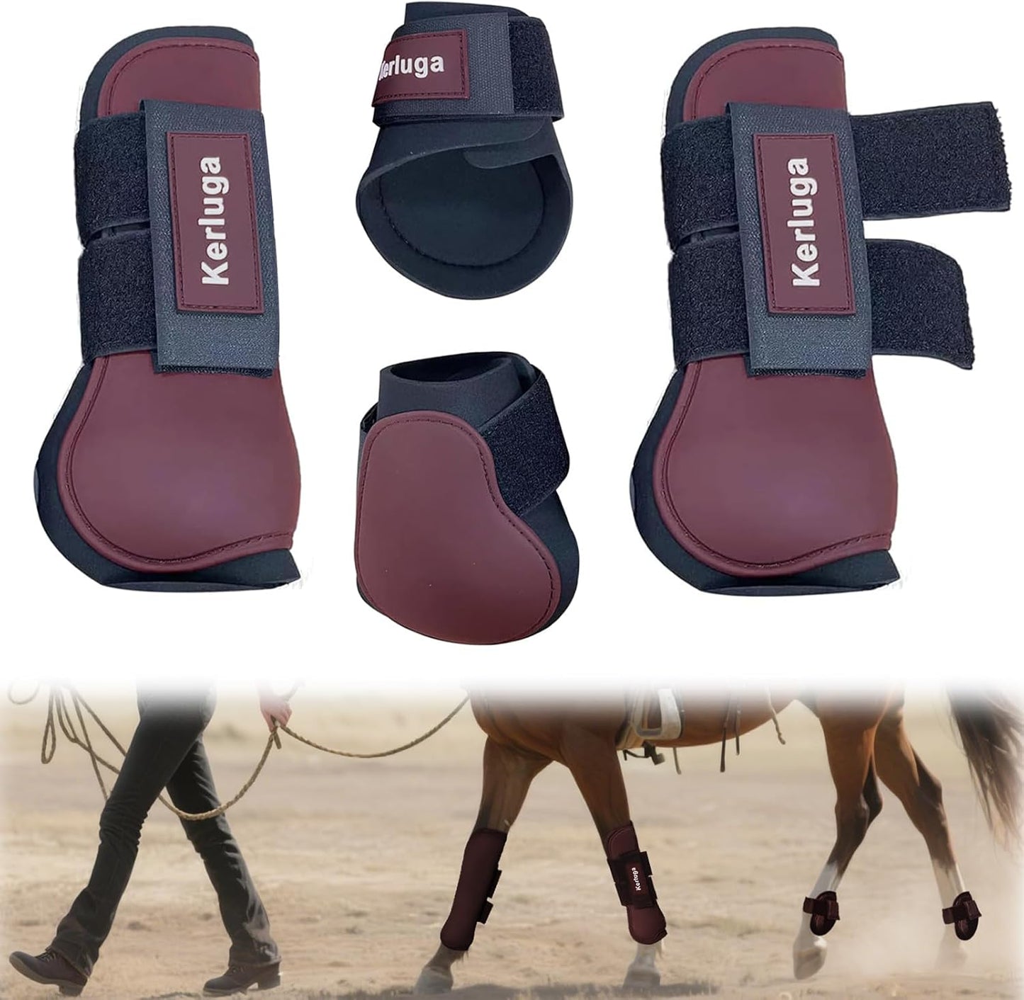 Horse Tendon Boots Set of 4 Open Front & Fetlock Boot for Horses Professional Sport Protection Impact-Absorbing Equine Leg Support for Jumping, Riding, Training (Wine Red, Full)
