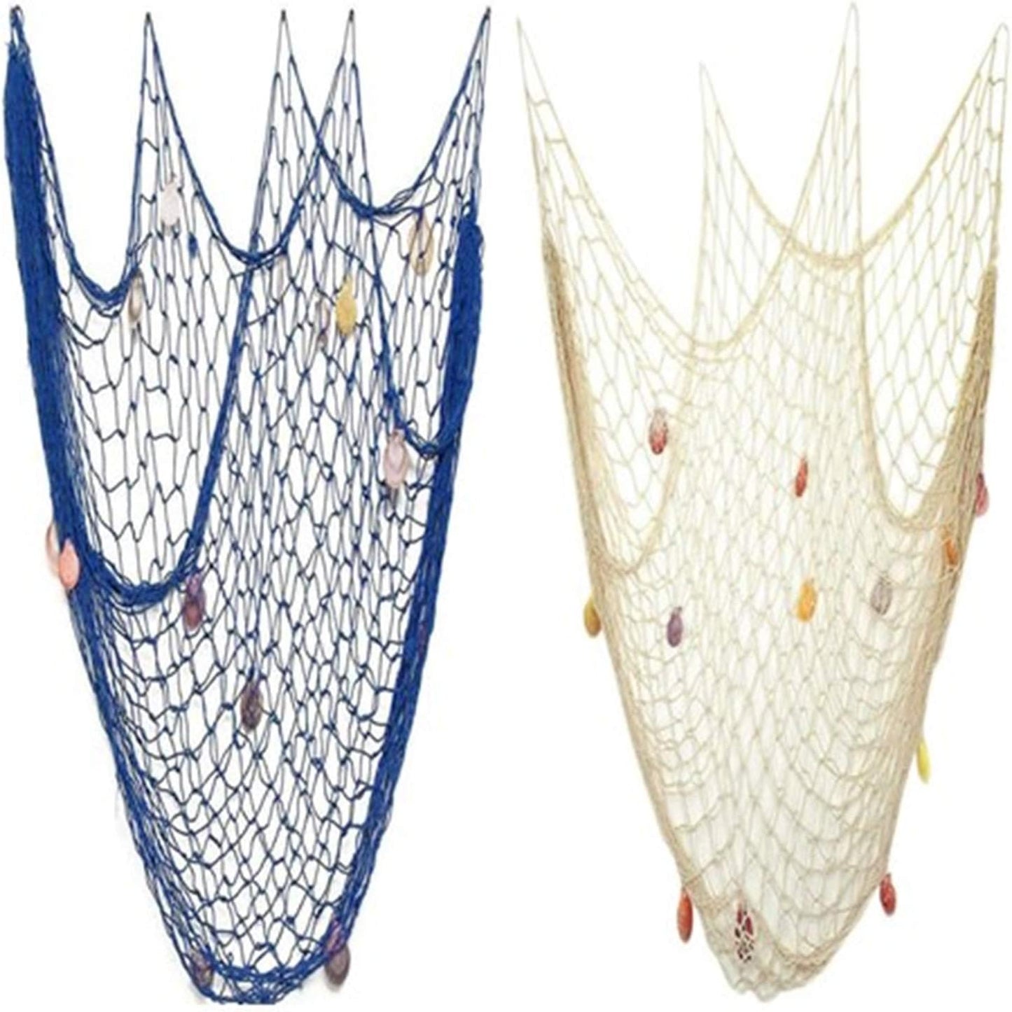 Nature Fish Net Wall Decoration with Shells, Ocean Themed Wall Hangings Fishing Net Party Decor for Pirate Party,Wedding,Photographing Decoration (Fishnet-2pack-Beige & Blue)