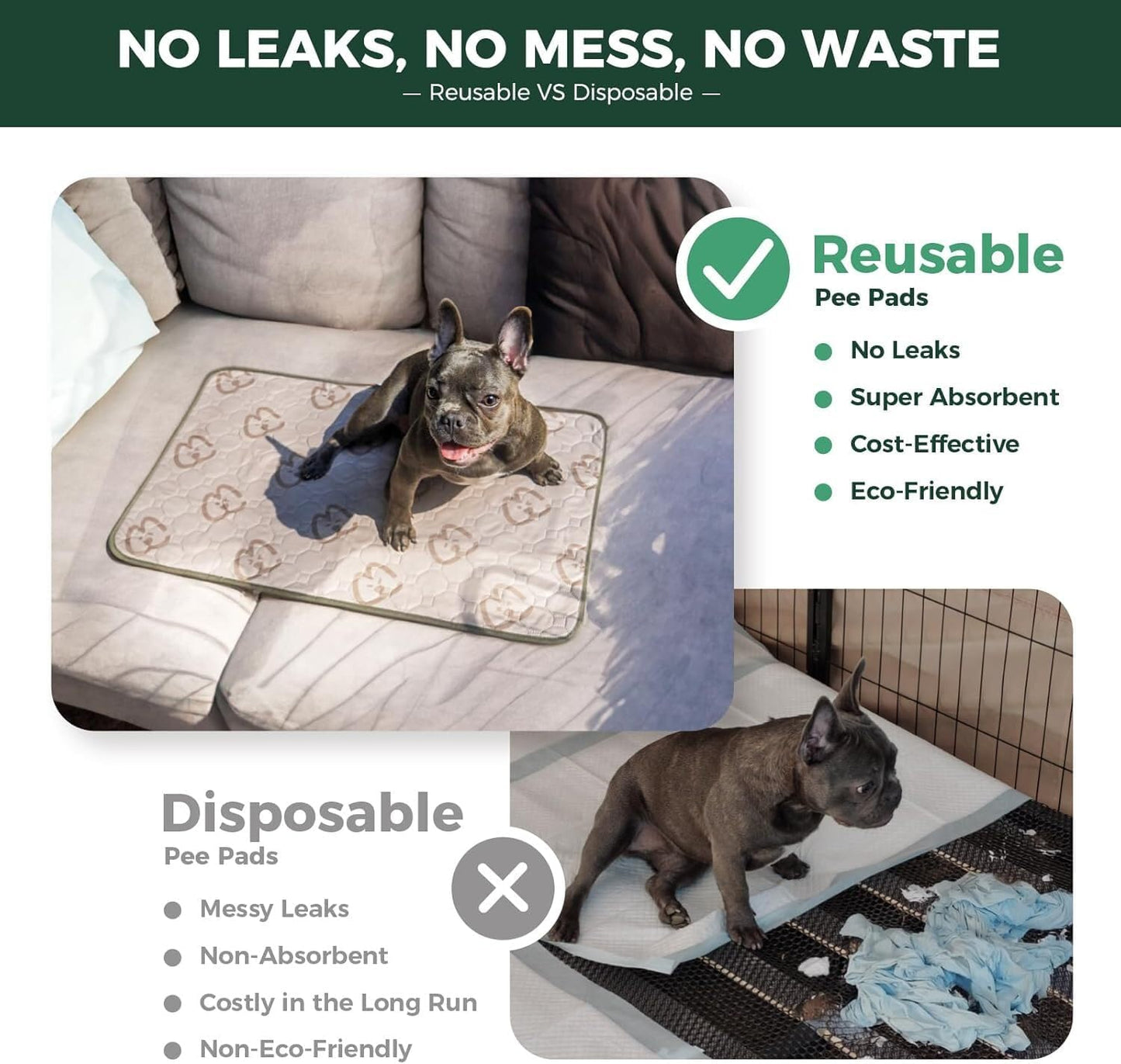 FXW Washable Pee Pads for Dogs, Puppy Pads with Super Absorbent, Specifically Designed for 24inch Cages, 23" × 17" Rectangle, Khaki, 4 Packs