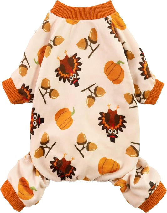 Fitwarm Thanksgiving Turkey Dog Pajamas, Funny Dog Winter Clothes for Small Dogs Girl Boy, Pet Jumpsuit, Cat Onesie with Feet, Lightweight Velvet, Orange, Small