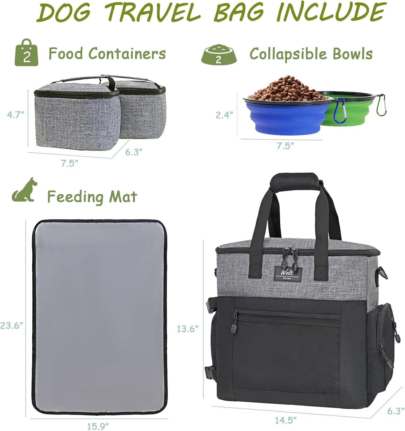 WOLT Dog Travel Bag Dog Bag for Traveling and Supplies with 2 Collapsible Bowls, 2 Food Containers, 1 Place Mat, Grey
