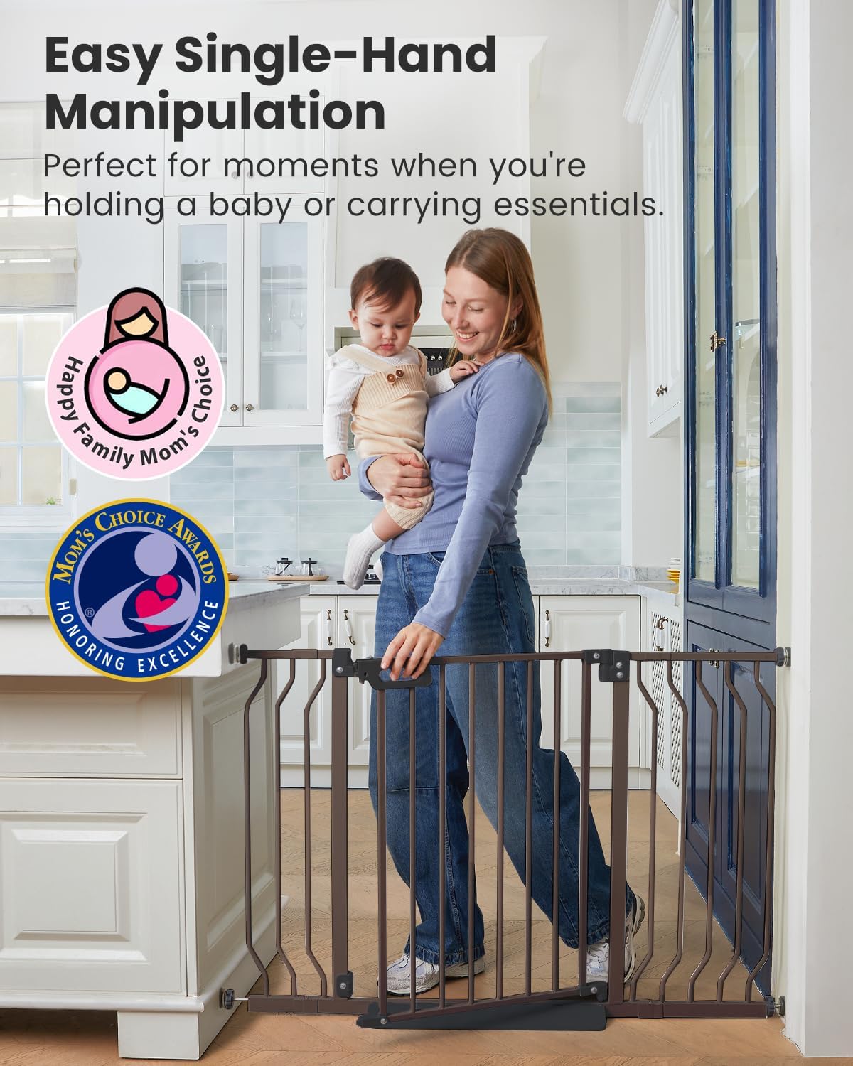 Mom's Choice-GROWNSY Baby Gate for Stairs, 29.5"-48.4" Pressure Mounted Baby Gate for Top of Stair&Doorway with V-Shaped Rods, Anti-Trip Pedal,Wide Stairs Dog Gate Easy Install w/Red Reminder,Brown